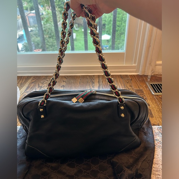 Gucci Black Leather Bag with Gold and Green-Red Chain - Picture 6 of 12